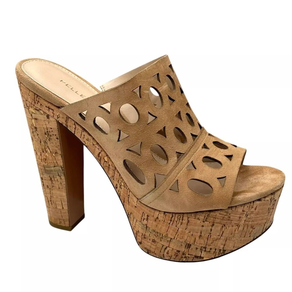 Pelle Moda Peep Toe Women's Sandal Size 8 Latte‎ Suede Cork Platform Block Heel
